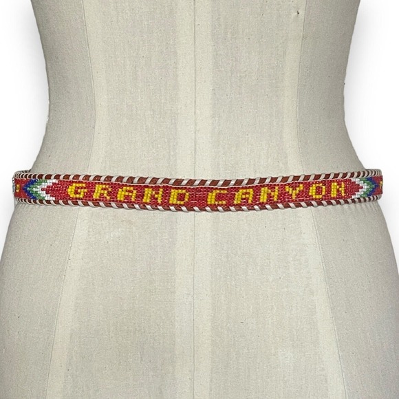 Vintage Accessories - Grand Canyon Beaded Faux Leather Belt Colorful Brown Souvenir Silver Tone Buckle